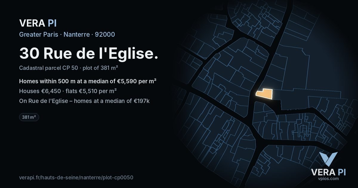 30 Rue de l'Eglise, Nanterre at night – the plot lit, the parcels around coloured by the prices near them