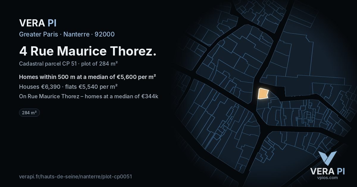 4 Rue Maurice Thorez, Nanterre at night – the plot lit, the parcels around coloured by the prices near them
