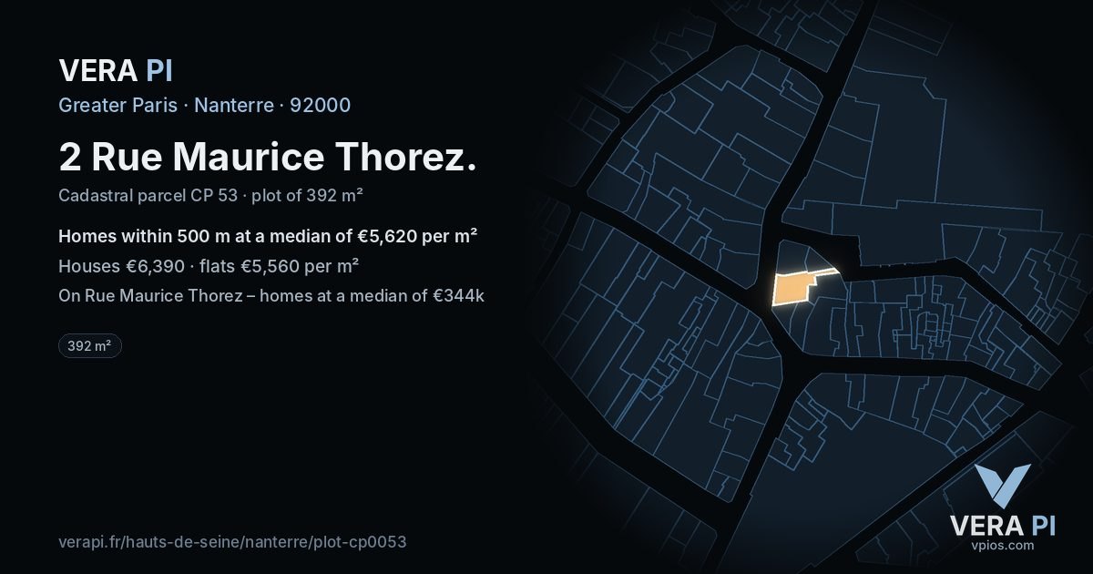 2 Rue Maurice Thorez, Nanterre at night – the plot lit, the parcels around coloured by the prices near them
