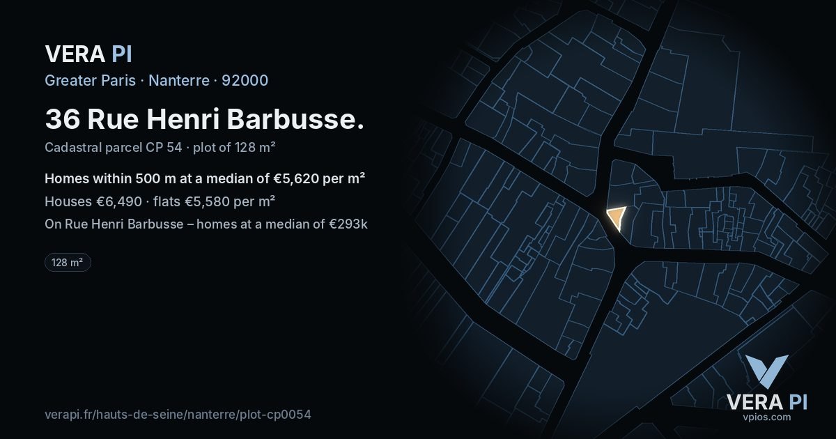 36 Rue Henri Barbusse, Nanterre at night – the plot lit, the parcels around coloured by the prices near them