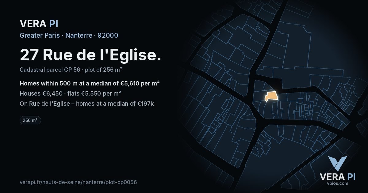 27 Rue de l'Eglise, Nanterre at night – the plot lit, the parcels around coloured by the prices near them