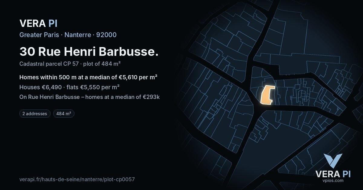 30 Rue Henri Barbusse, Nanterre at night – the plot lit, the parcels around coloured by the prices near them