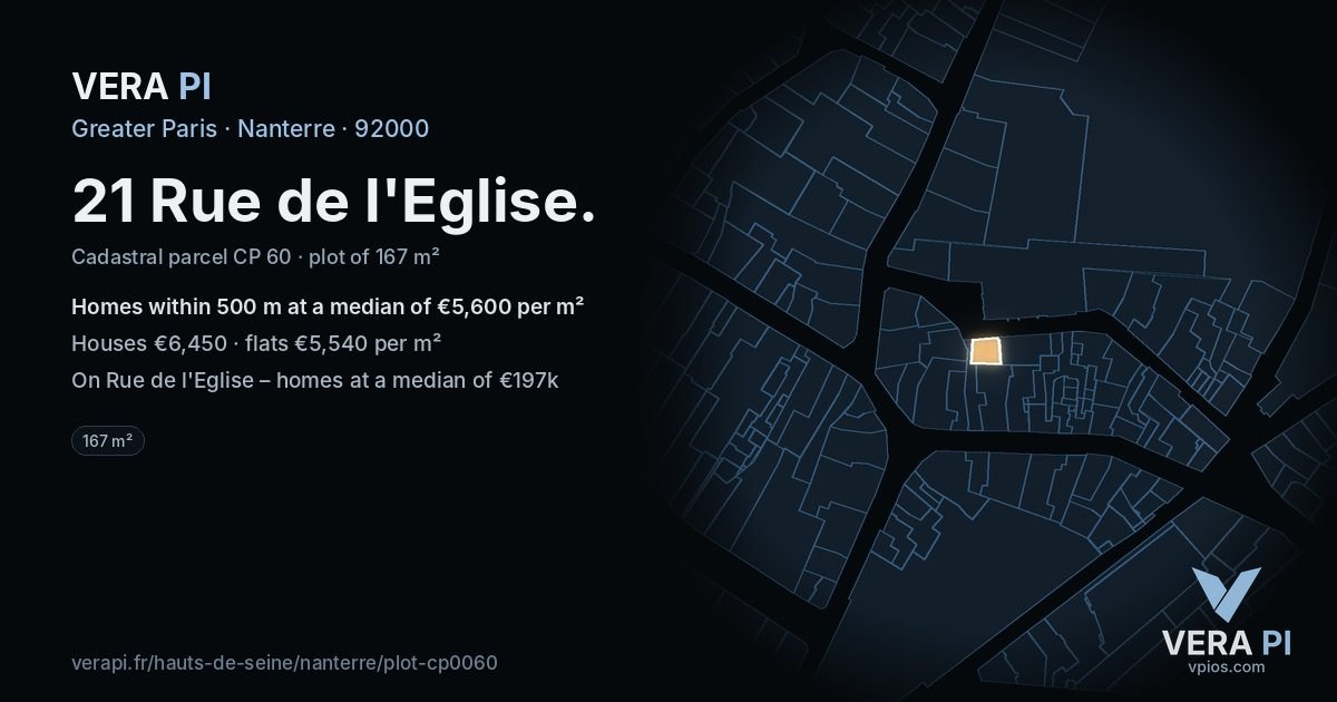 21 Rue de l'Eglise, Nanterre at night – the plot lit, the parcels around coloured by the prices near them