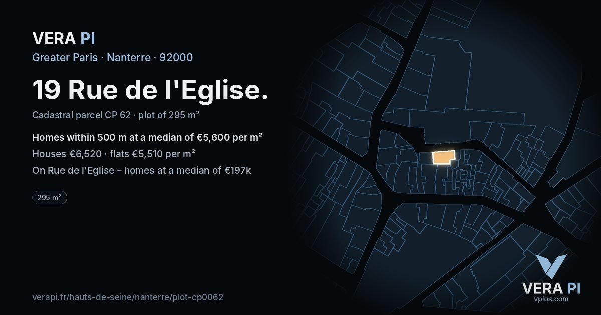 19 Rue de l'Eglise, Nanterre at night – the plot lit, the parcels around coloured by the prices near them