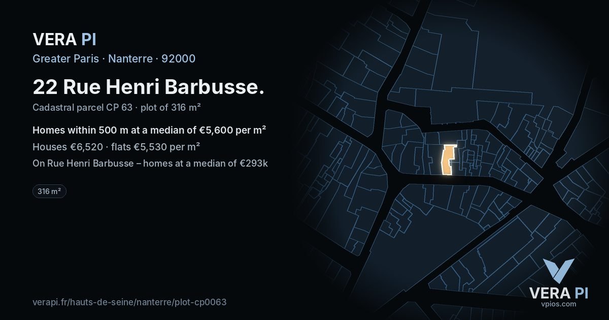 22 Rue Henri Barbusse, Nanterre at night – the plot lit, the parcels around coloured by the prices near them