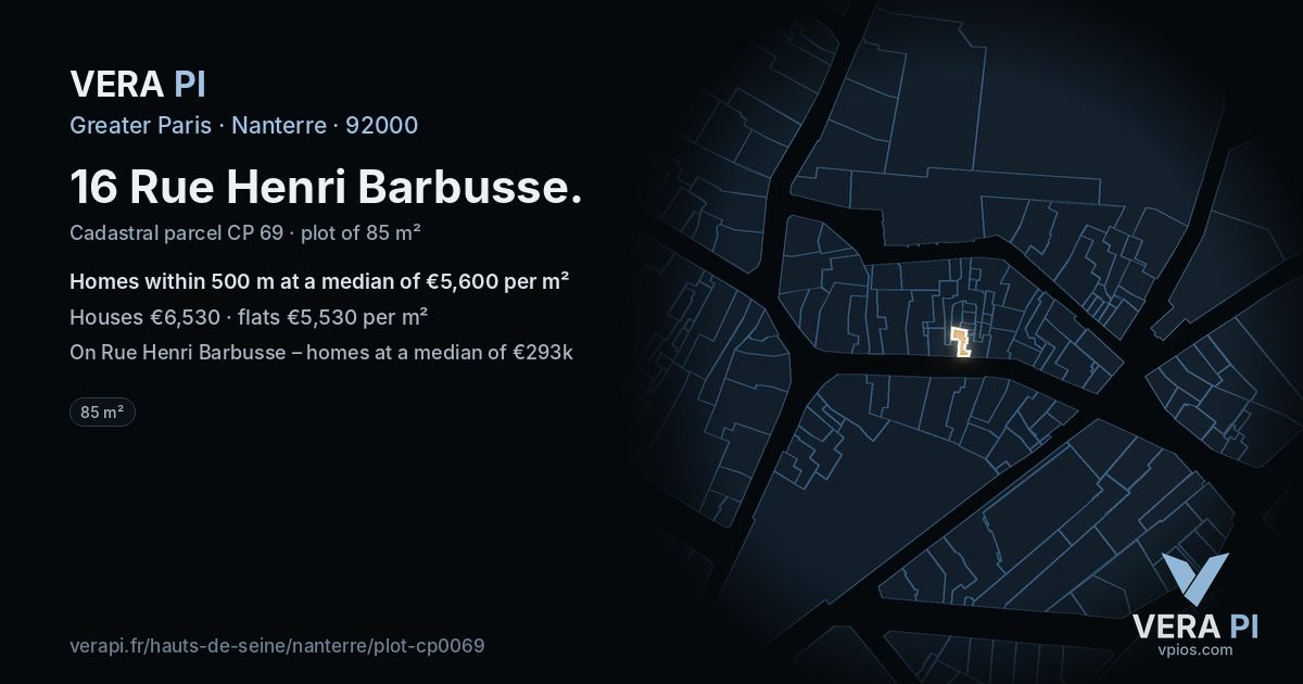 16 Rue Henri Barbusse, Nanterre at night – the plot lit, the parcels around coloured by the prices near them