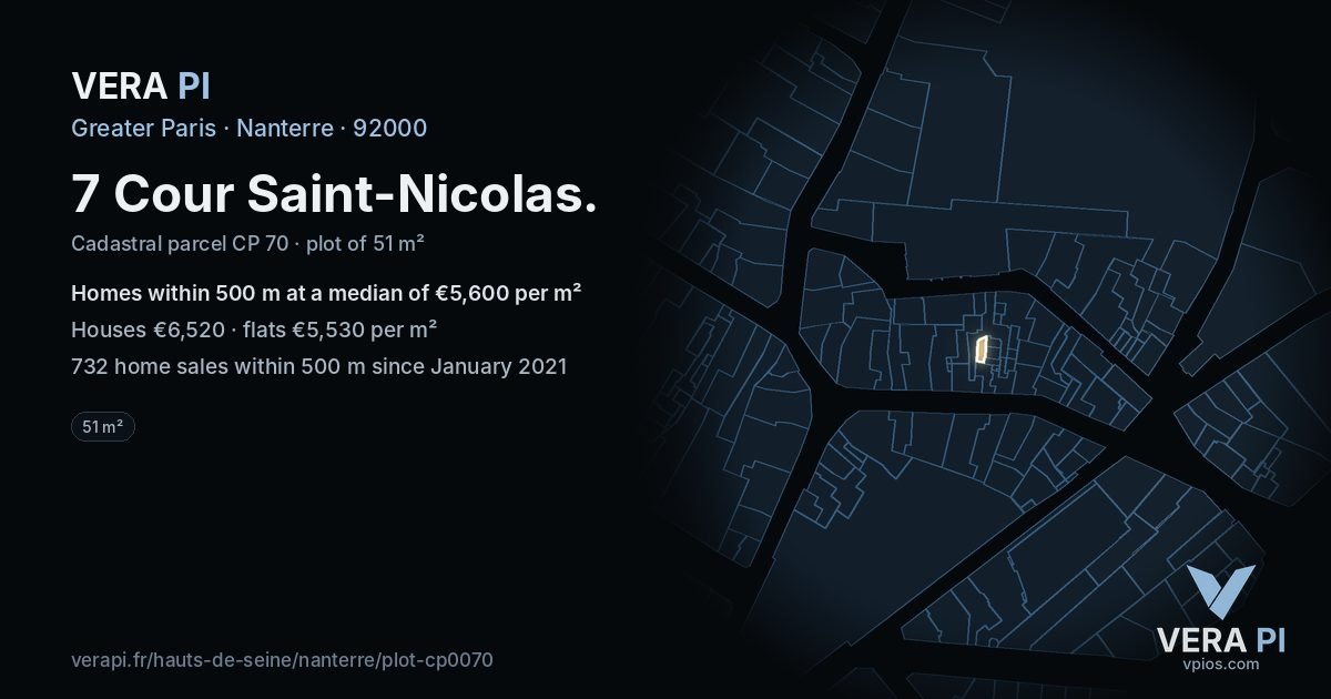 7 Cour Saint-Nicolas, Nanterre at night – the plot lit, the parcels around coloured by the prices near them