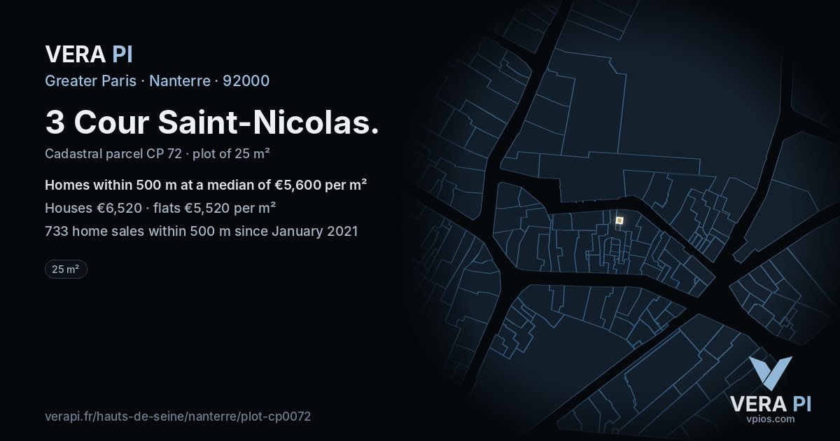 3 Cour Saint-Nicolas, Nanterre at night – the plot lit, the parcels around coloured by the prices near them