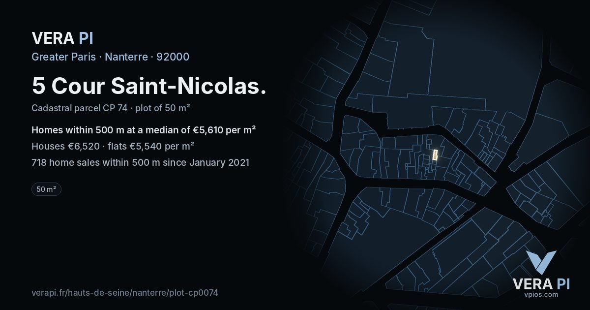 5 Cour Saint-Nicolas, Nanterre at night – the plot lit, the parcels around coloured by the prices near them