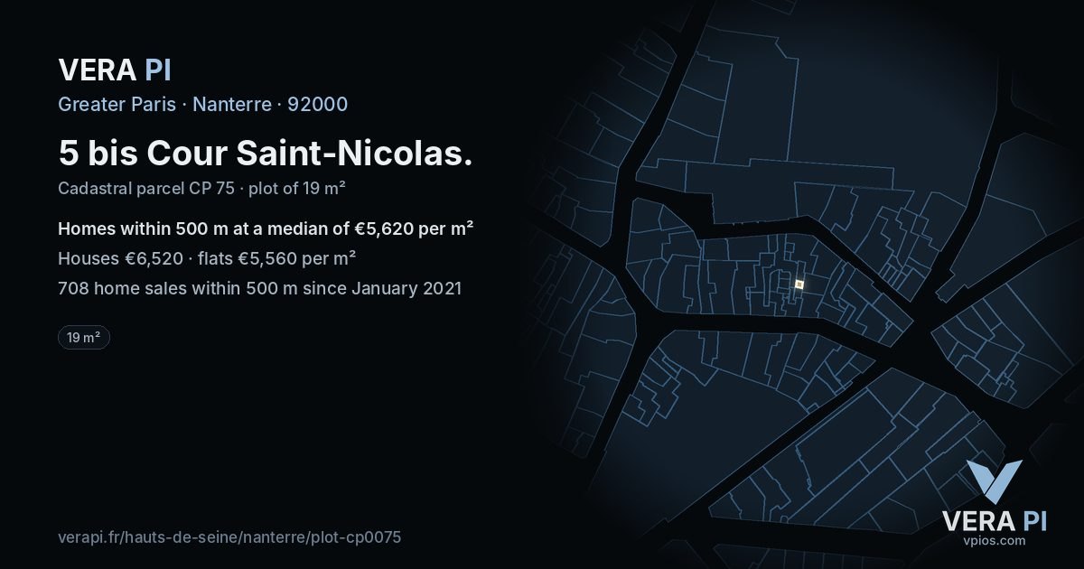 5 bis Cour Saint-Nicolas, Nanterre at night – the plot lit, the parcels around coloured by the prices near them