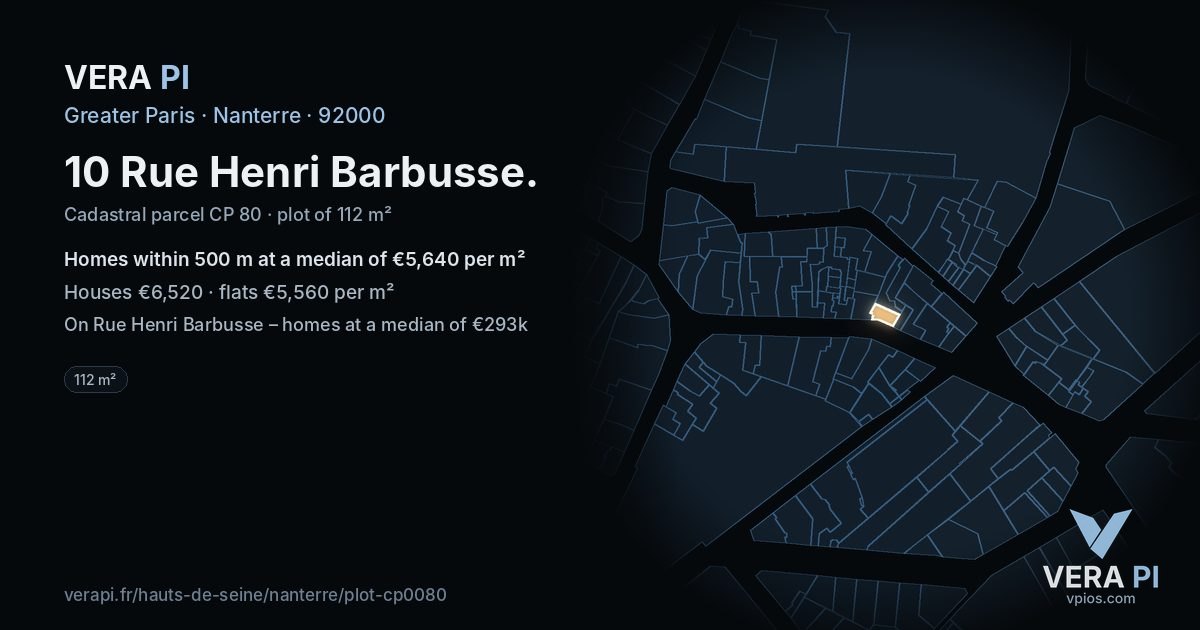 10 Rue Henri Barbusse, Nanterre at night – the plot lit, the parcels around coloured by the prices near them