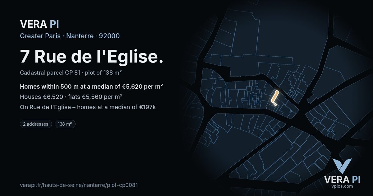 7 Rue de l'Eglise, Nanterre at night – the plot lit, the parcels around coloured by the prices near them