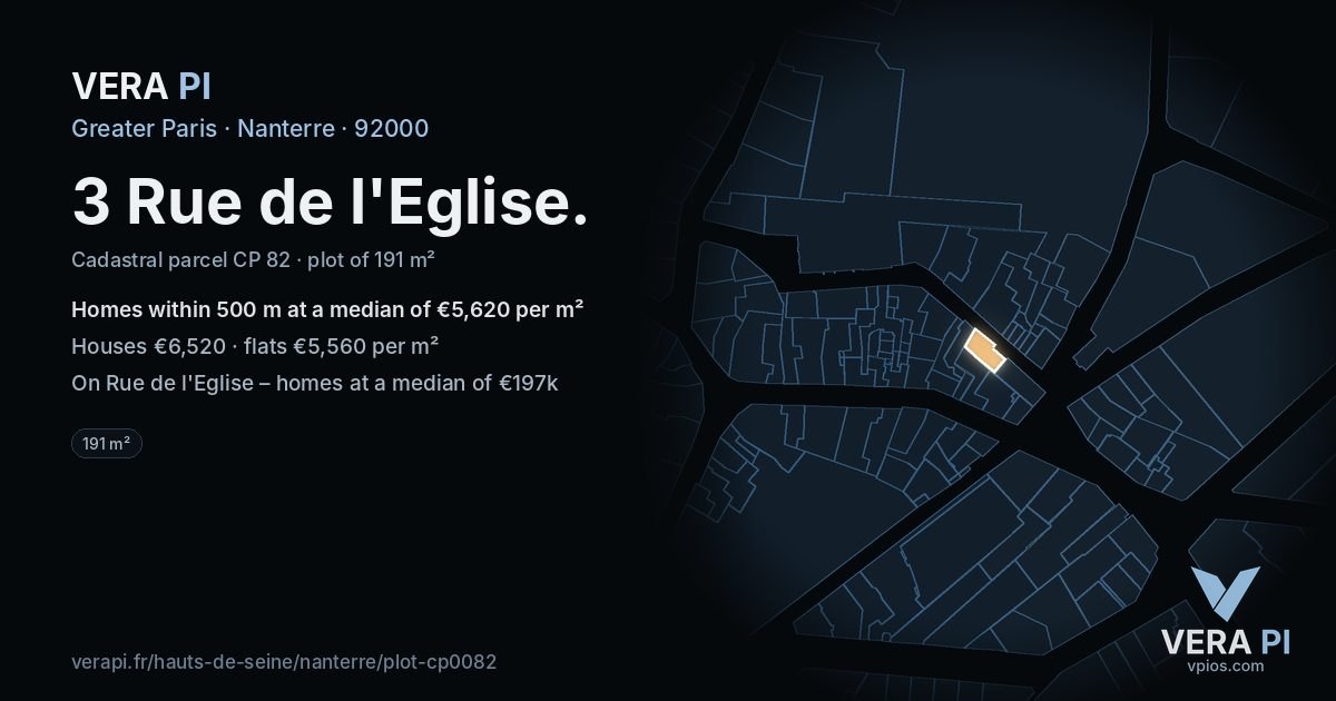 3 Rue de l'Eglise, Nanterre at night – the plot lit, the parcels around coloured by the prices near them