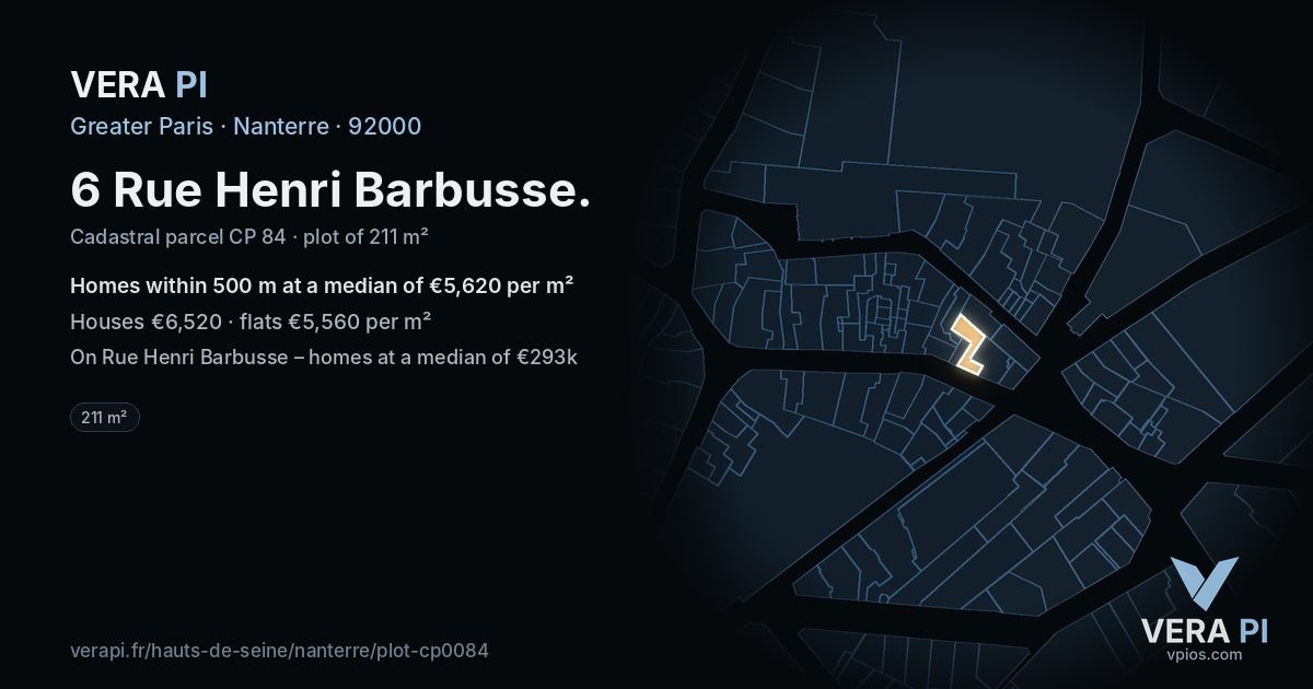 6 Rue Henri Barbusse, Nanterre at night – the plot lit, the parcels around coloured by the prices near them