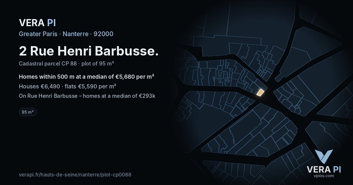 2 Rue Henri Barbusse, Nanterre at night – the plot lit, the parcels around coloured by the prices near them