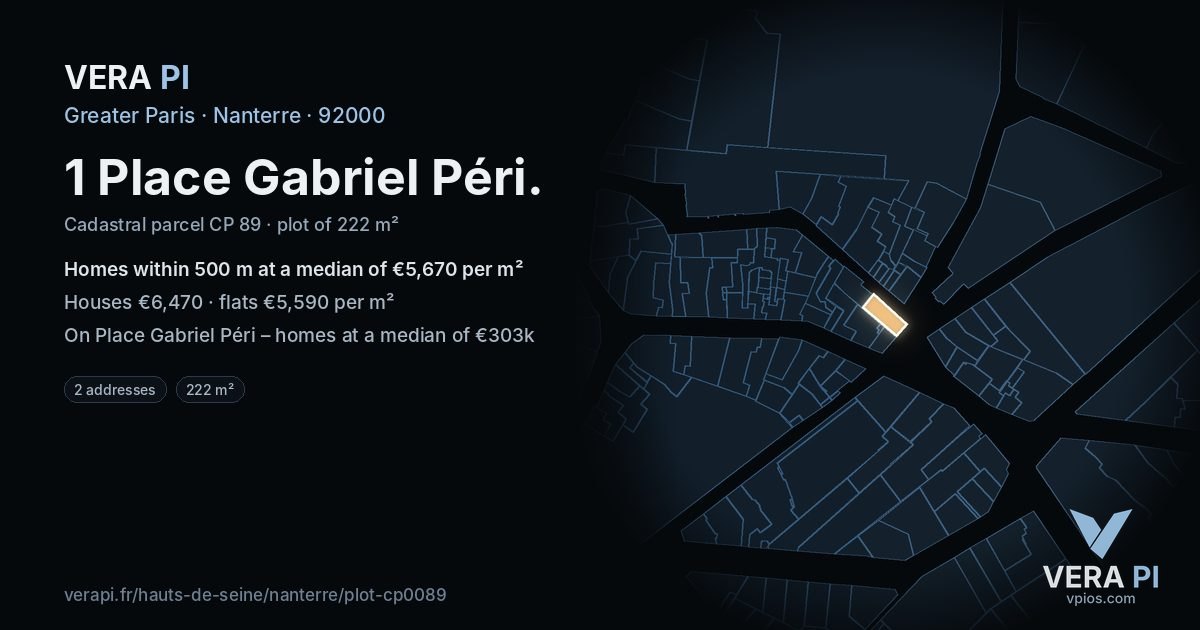 1 Place Gabriel Péri, Nanterre at night – the plot lit, the parcels around coloured by the prices near them