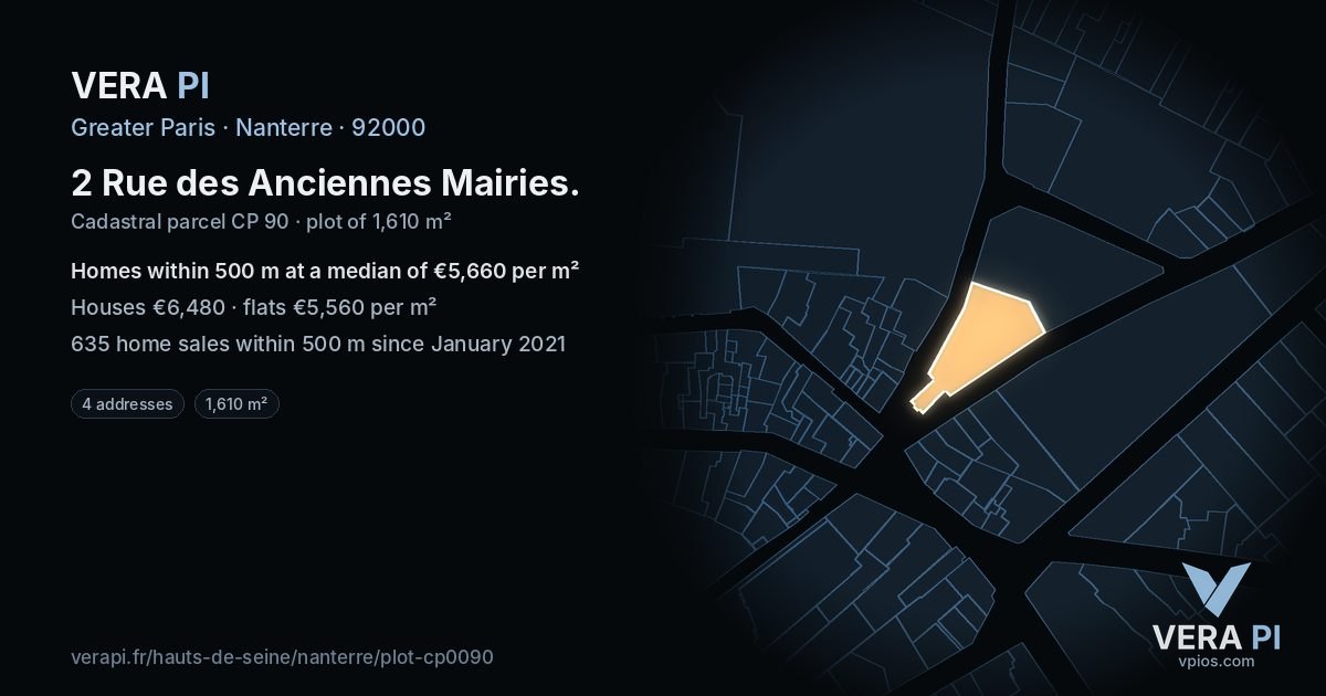 2 Rue des Anciennes Mairies, Nanterre at night – the plot lit, the parcels around coloured by the prices near them