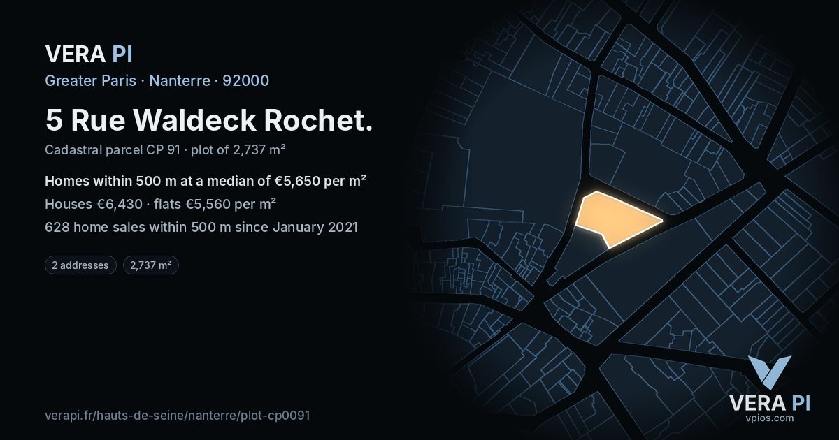 5 Rue Waldeck Rochet, Nanterre at night – the plot lit, the parcels around coloured by the prices near them