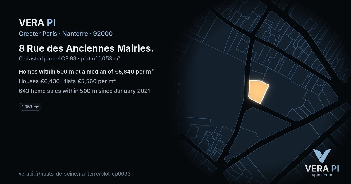8 Rue des Anciennes Mairies, Nanterre at night – the plot lit, the parcels around coloured by the prices near them