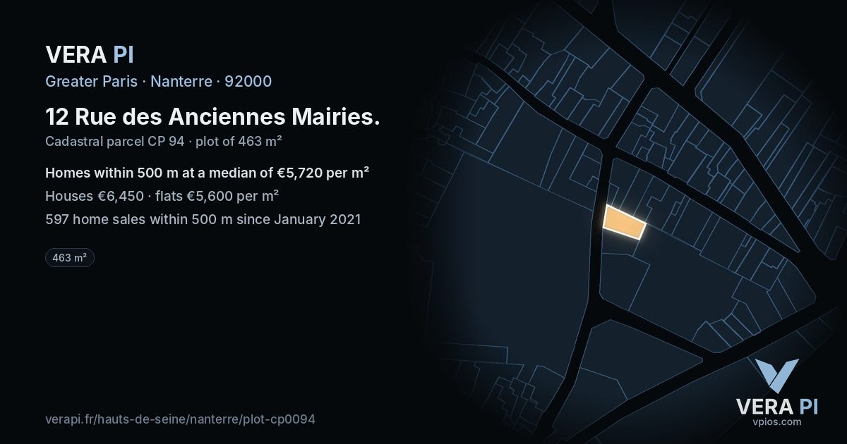 12 Rue des Anciennes Mairies, Nanterre at night – the plot lit, the parcels around coloured by the prices near them