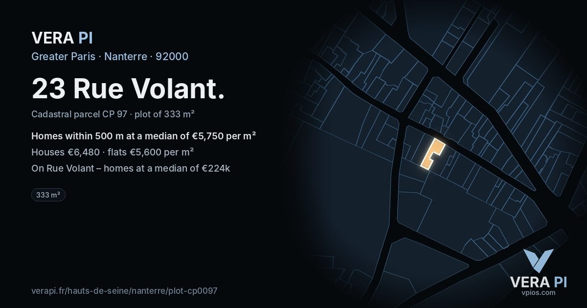 23 Rue Volant, Nanterre at night – the plot lit, the parcels around coloured by the prices near them