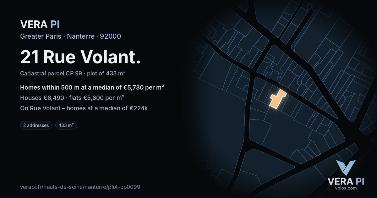 21 Rue Volant, Nanterre at night – the plot lit, the parcels around coloured by the prices near them