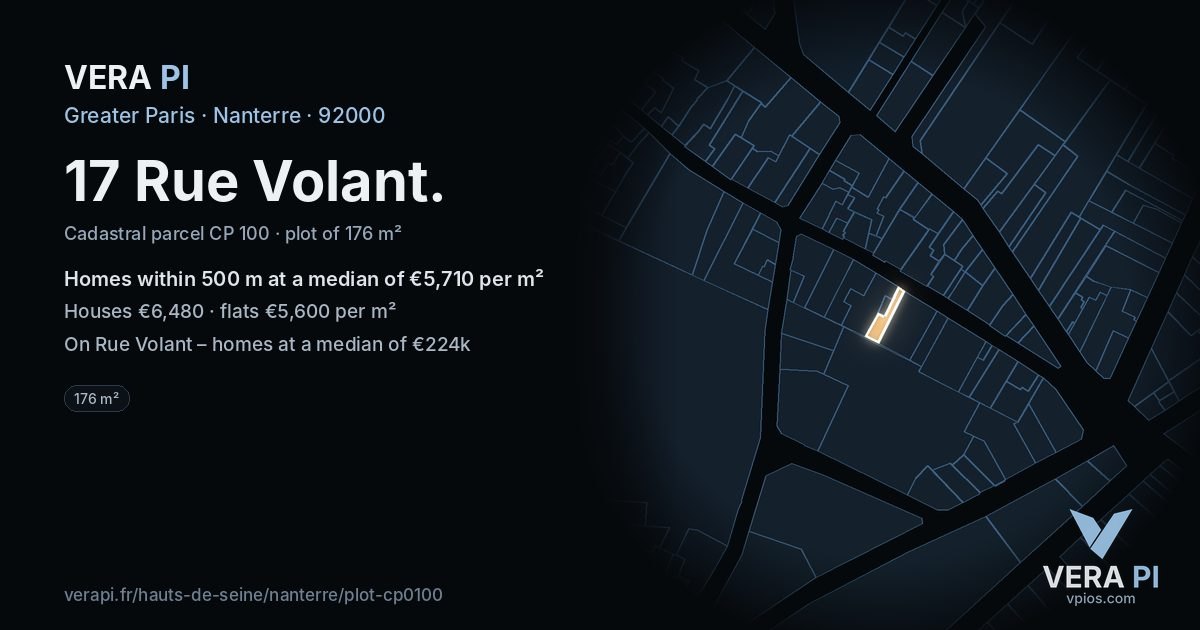 17 Rue Volant, Nanterre at night – the plot lit, the parcels around coloured by the prices near them