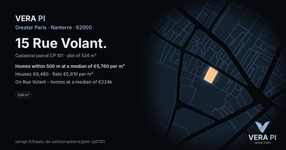 15 Rue Volant, Nanterre at night – the plot lit, the parcels around coloured by the prices near them