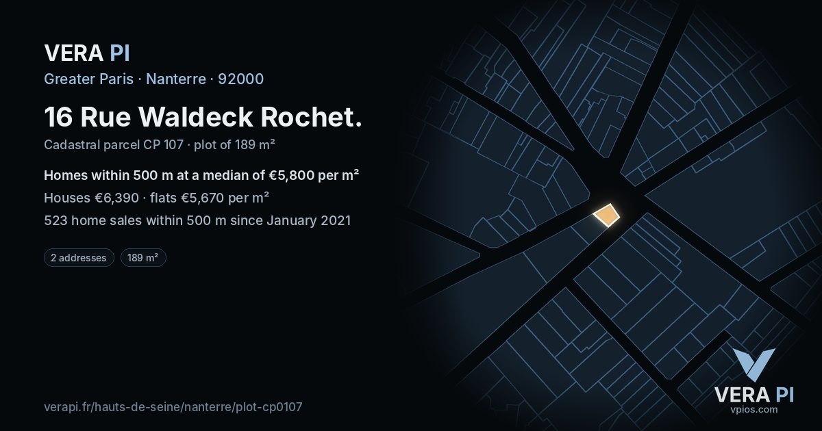 16 Rue Waldeck Rochet, Nanterre at night – the plot lit, the parcels around coloured by the prices near them
