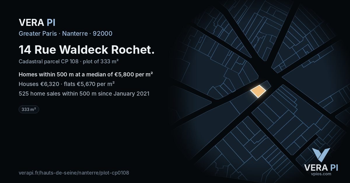 14 Rue Waldeck Rochet, Nanterre at night – the plot lit, the parcels around coloured by the prices near them