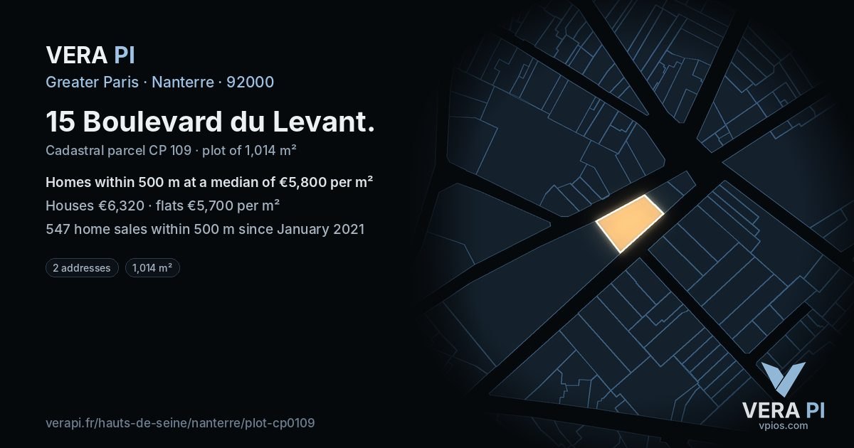 15 Boulevard du Levant, Nanterre at night – the plot lit, the parcels around coloured by the prices near them
