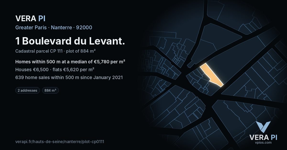 1 Boulevard du Levant, Nanterre at night – the plot lit, the parcels around coloured by the prices near them