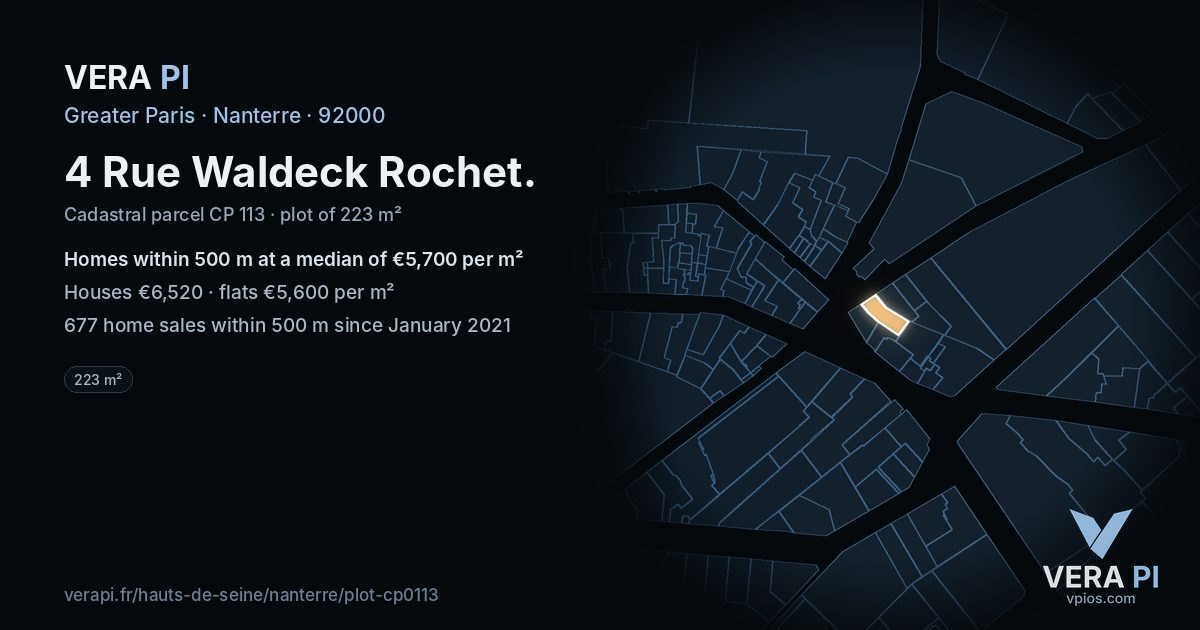 4 Rue Waldeck Rochet, Nanterre at night – the plot lit, the parcels around coloured by the prices near them