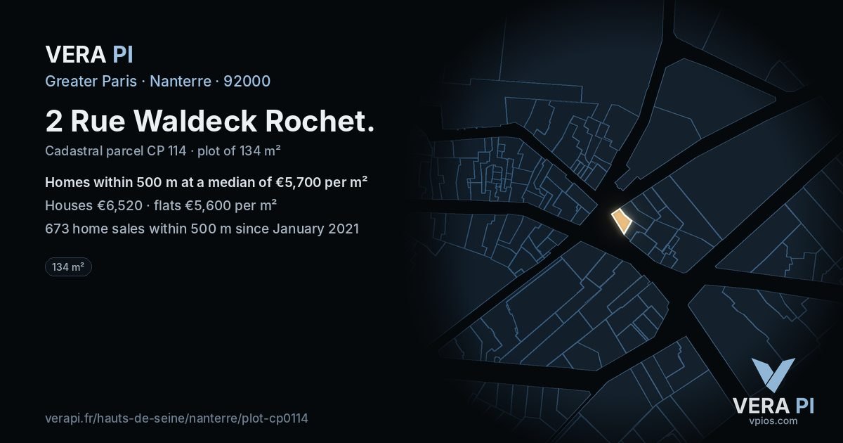 2 Rue Waldeck Rochet, Nanterre at night – the plot lit, the parcels around coloured by the prices near them