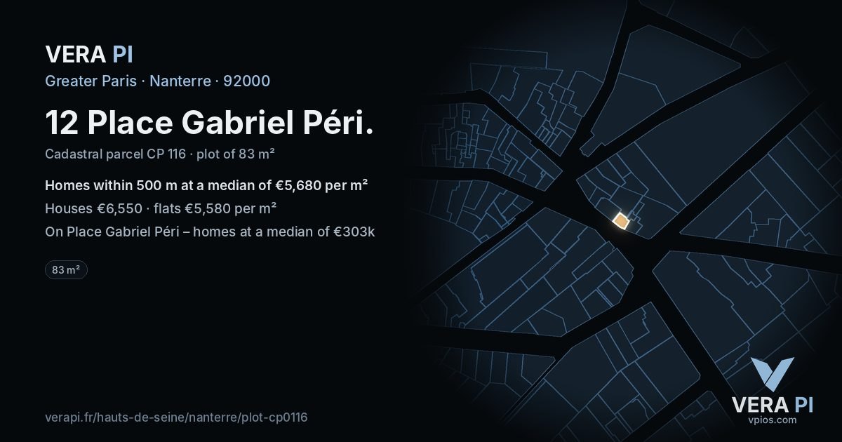 12 Place Gabriel Péri, Nanterre at night – the plot lit, the parcels around coloured by the prices near them
