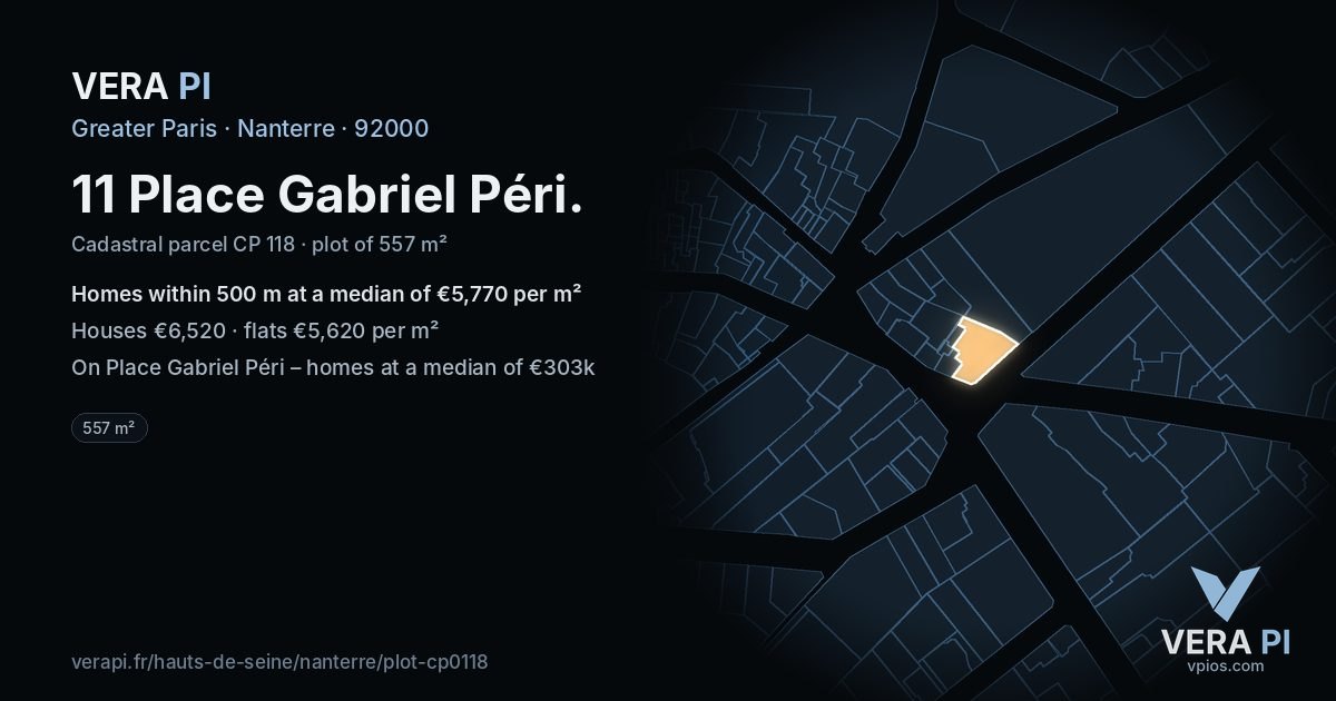 11 Place Gabriel Péri, Nanterre at night – the plot lit, the parcels around coloured by the prices near them