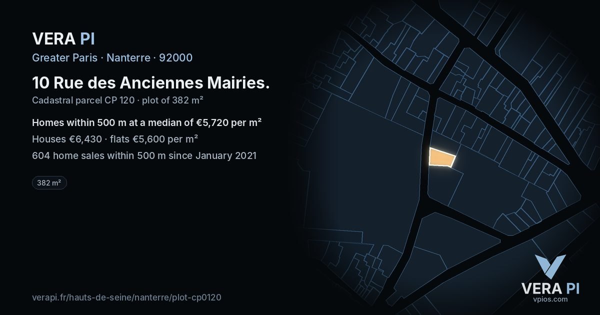 10 Rue des Anciennes Mairies, Nanterre at night – the plot lit, the parcels around coloured by the prices near them