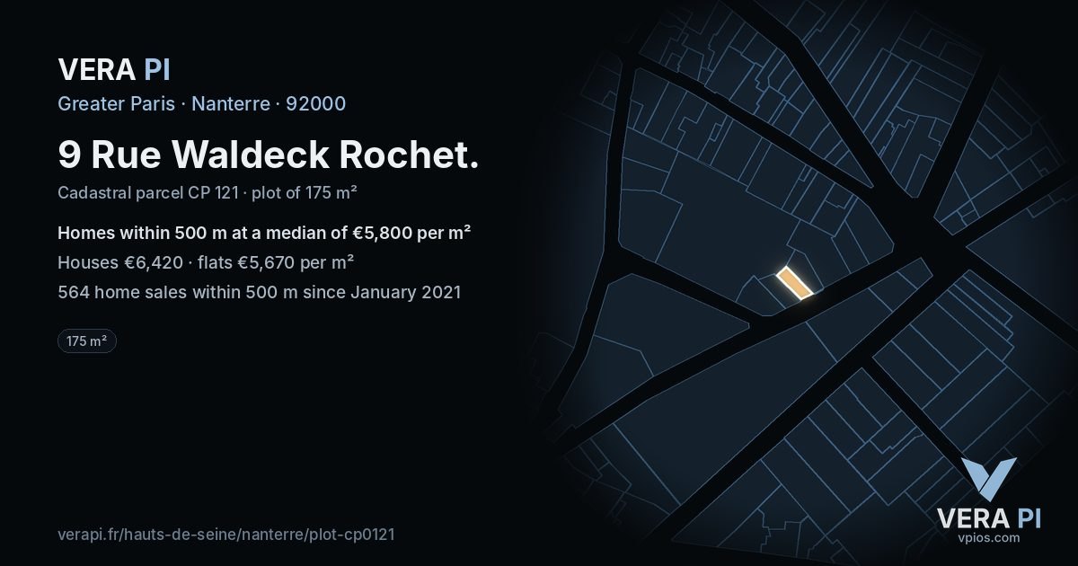 9 Rue Waldeck Rochet, Nanterre at night – the plot lit, the parcels around coloured by the prices near them