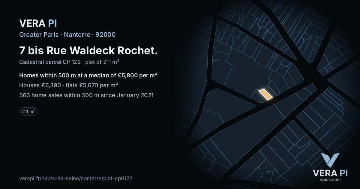 7 bis Rue Waldeck Rochet, Nanterre at night – the plot lit, the parcels around coloured by the prices near them