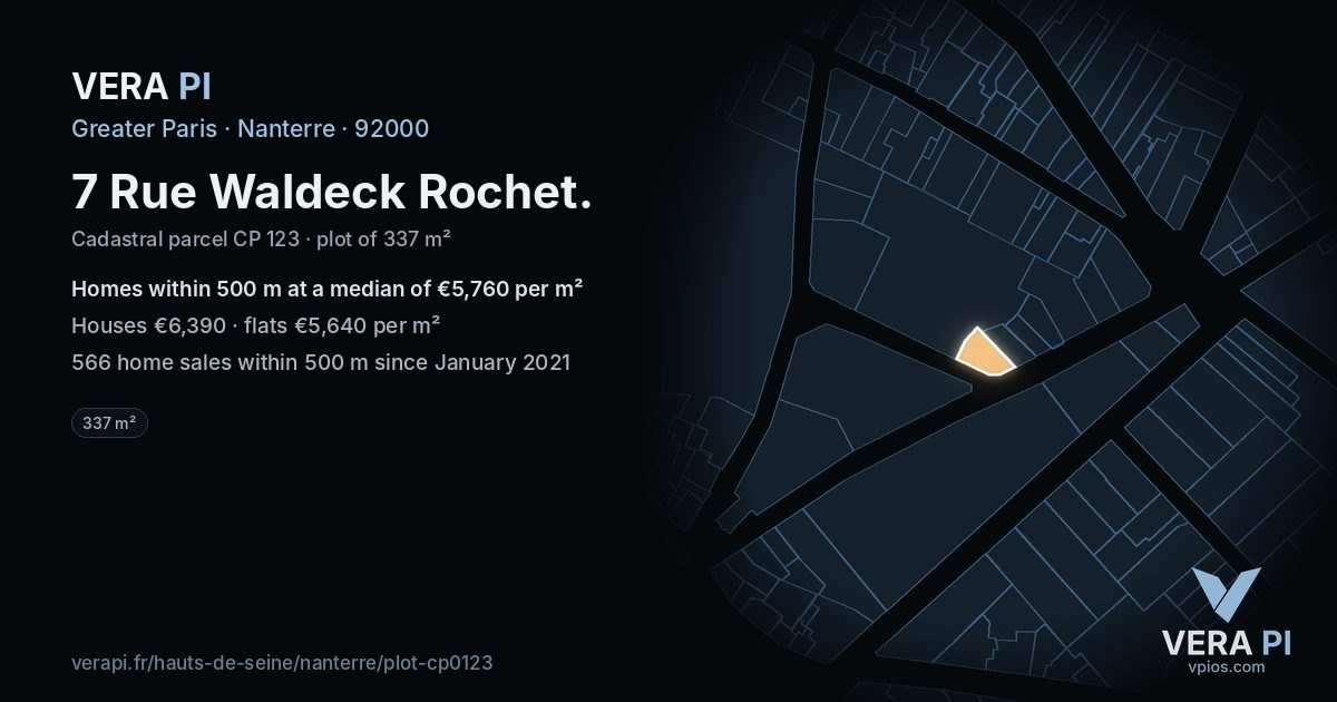 7 Rue Waldeck Rochet, Nanterre at night – the plot lit, the parcels around coloured by the prices near them
