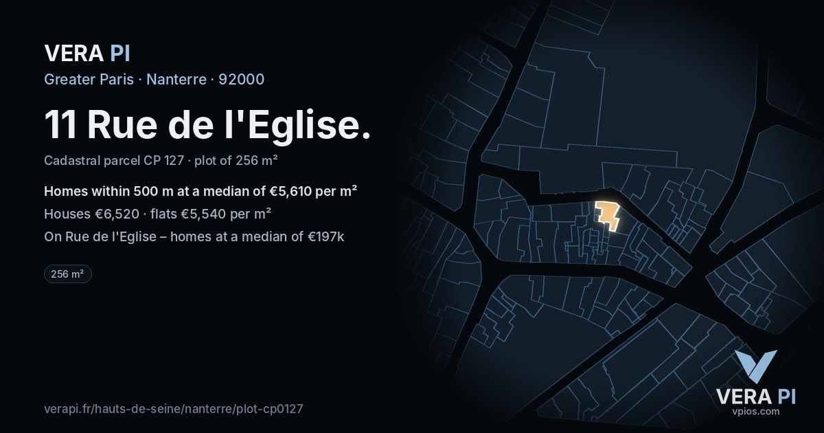 11 Rue de l'Eglise, Nanterre at night – the plot lit, the parcels around coloured by the prices near them