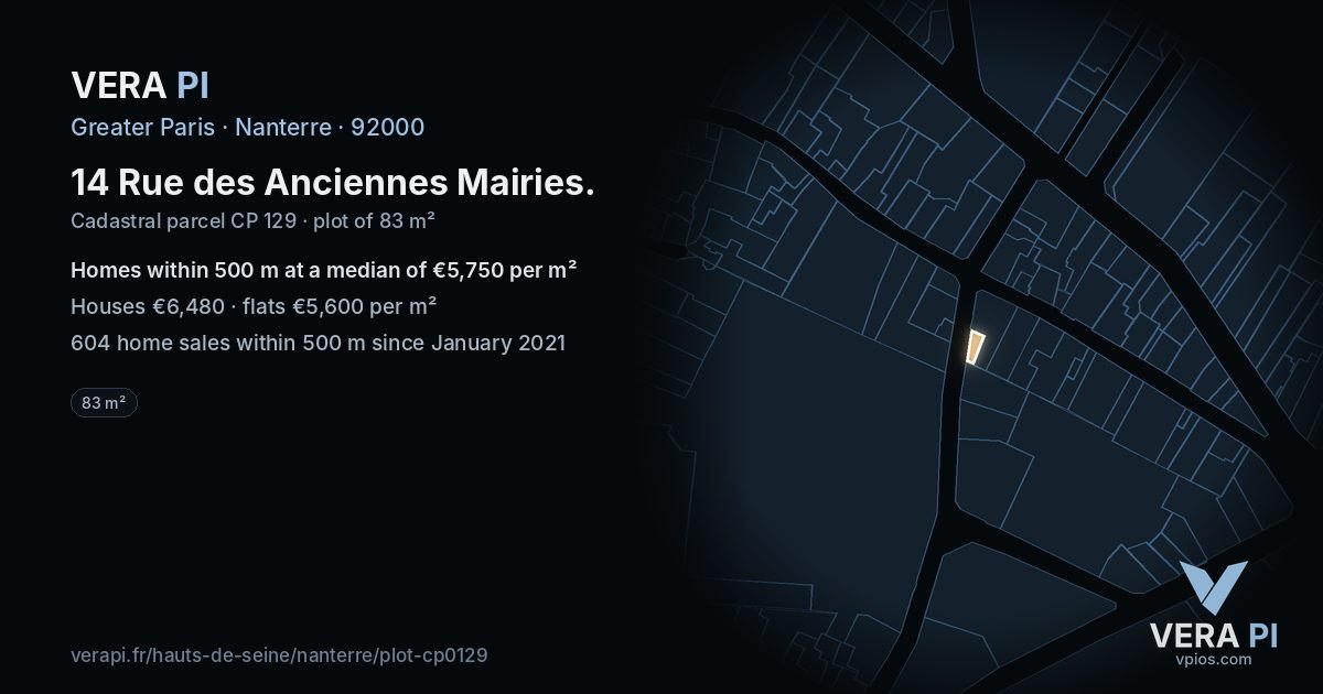 14 Rue des Anciennes Mairies, Nanterre at night – the plot lit, the parcels around coloured by the prices near them