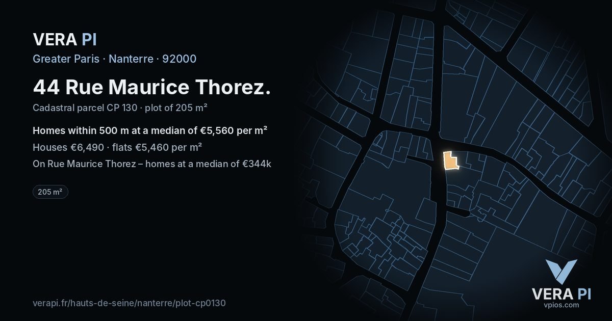 44 Rue Maurice Thorez, Nanterre at night – the plot lit, the parcels around coloured by the prices near them