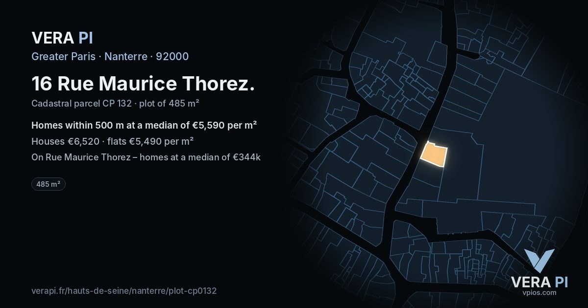 16 Rue Maurice Thorez, Nanterre at night – the plot lit, the parcels around coloured by the prices near them