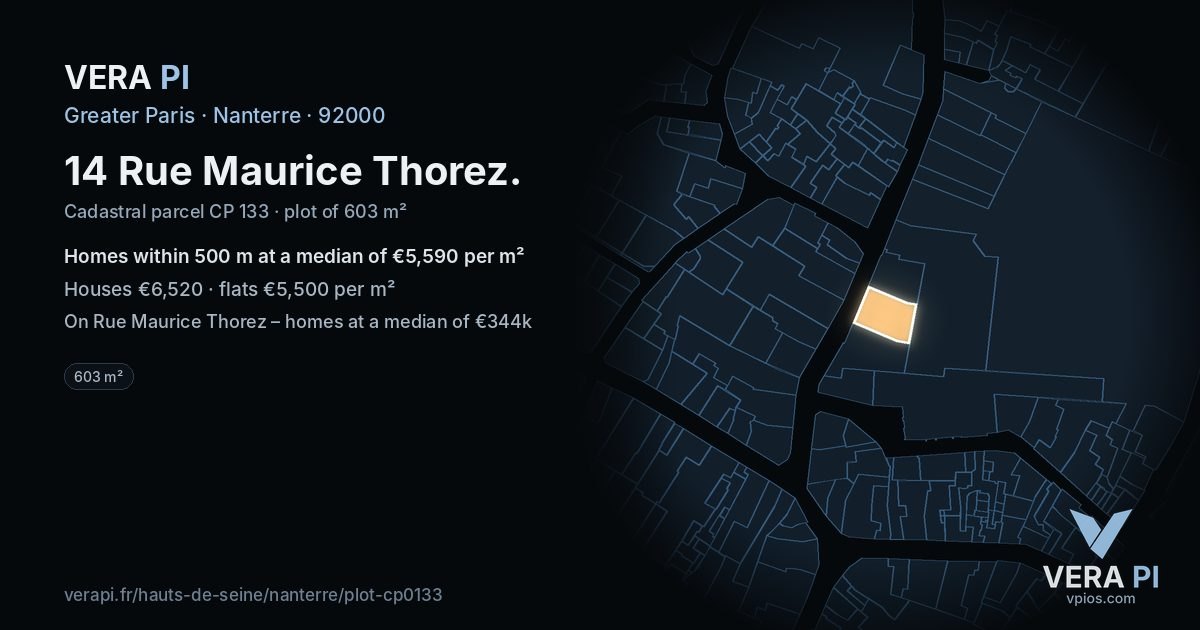 14 Rue Maurice Thorez, Nanterre at night – the plot lit, the parcels around coloured by the prices near them