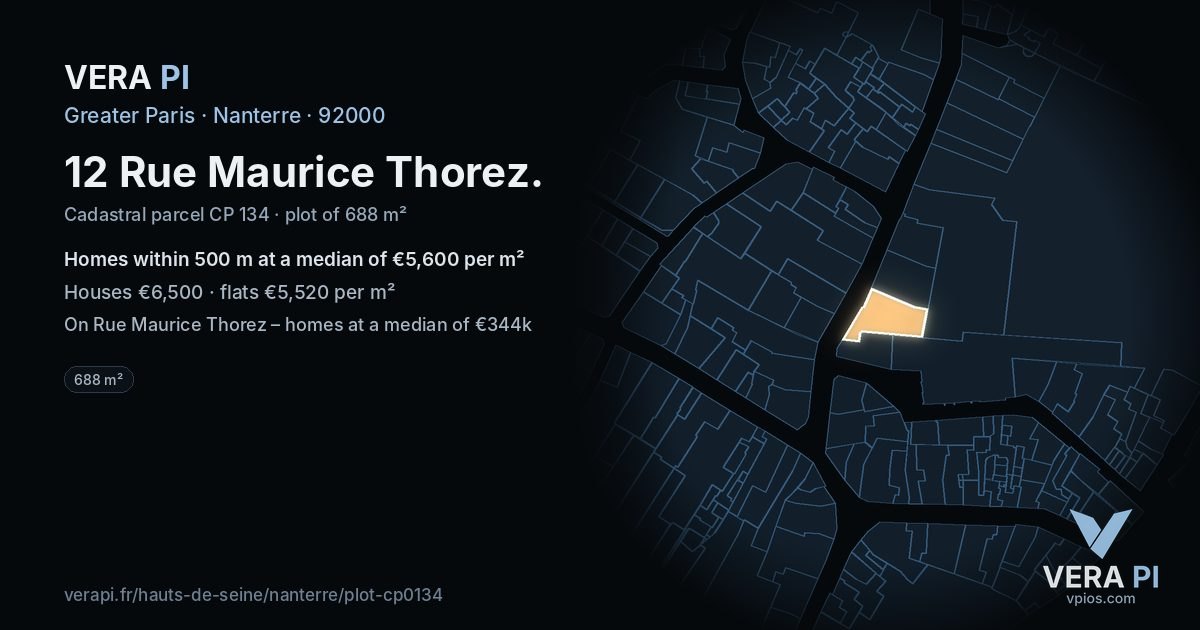 12 Rue Maurice Thorez, Nanterre at night – the plot lit, the parcels around coloured by the prices near them