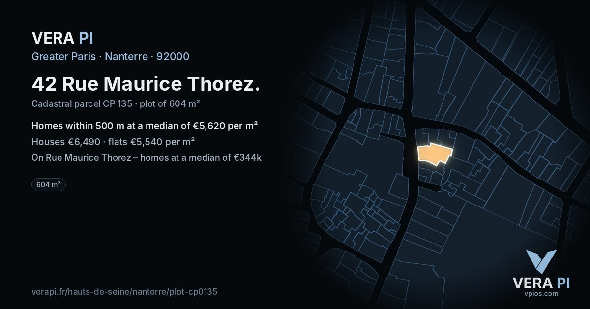 42 Rue Maurice Thorez, Nanterre at night – the plot lit, the parcels around coloured by the prices near them