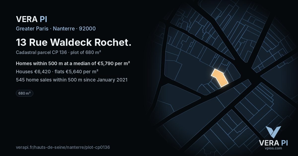 13 Rue Waldeck Rochet, Nanterre at night – the plot lit, the parcels around coloured by the prices near them