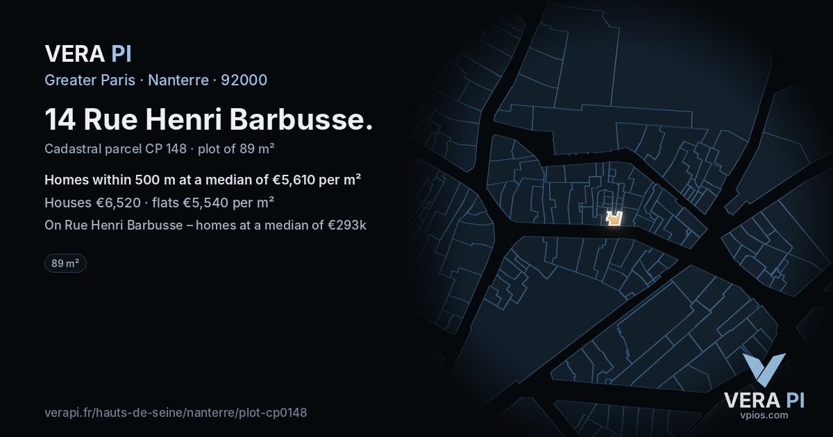 14 Rue Henri Barbusse, Nanterre at night – the plot lit, the parcels around coloured by the prices near them