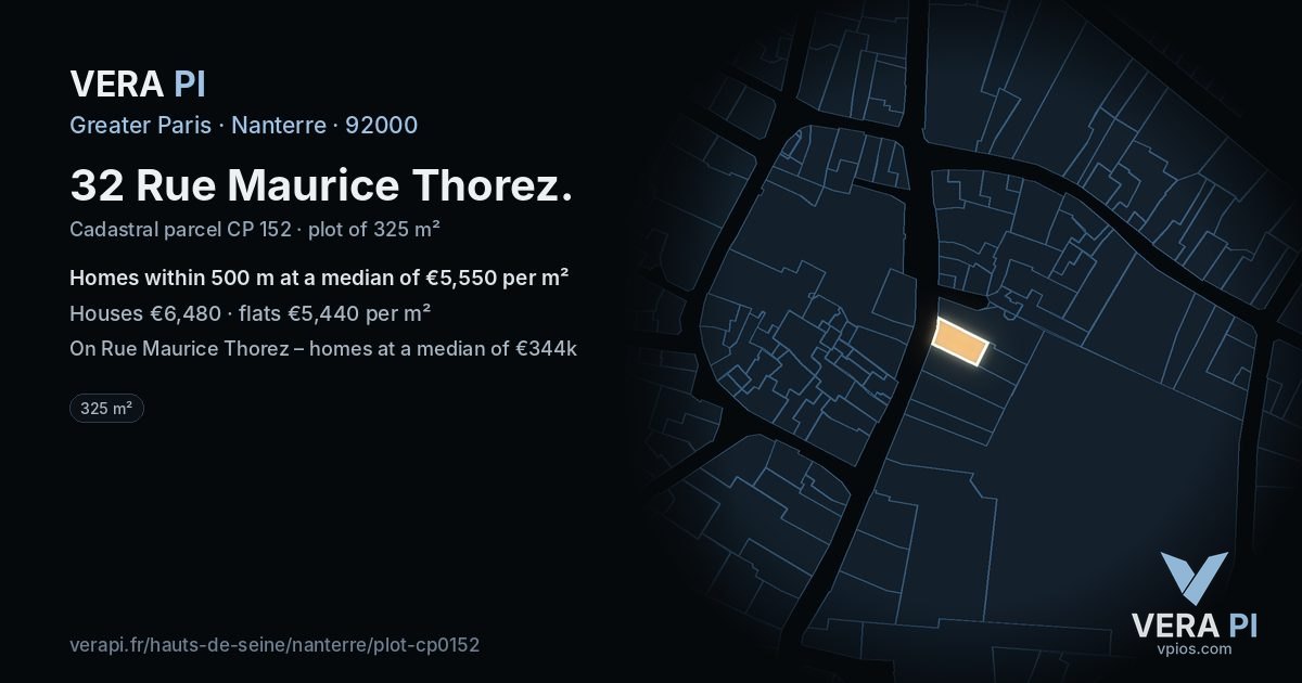 32 Rue Maurice Thorez, Nanterre at night – the plot lit, the parcels around coloured by the prices near them